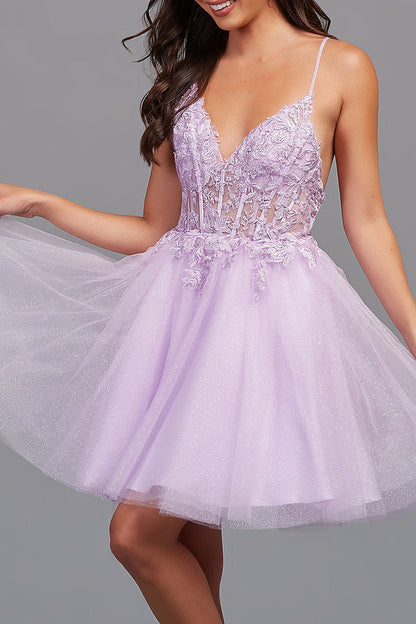 A line V Neck Lace Appliques Short Cute Homecoming Dress QH2409