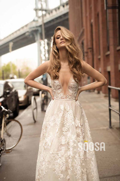 A Line Deeo V neck Lace Appliques Boho Wedding Dress QW2470