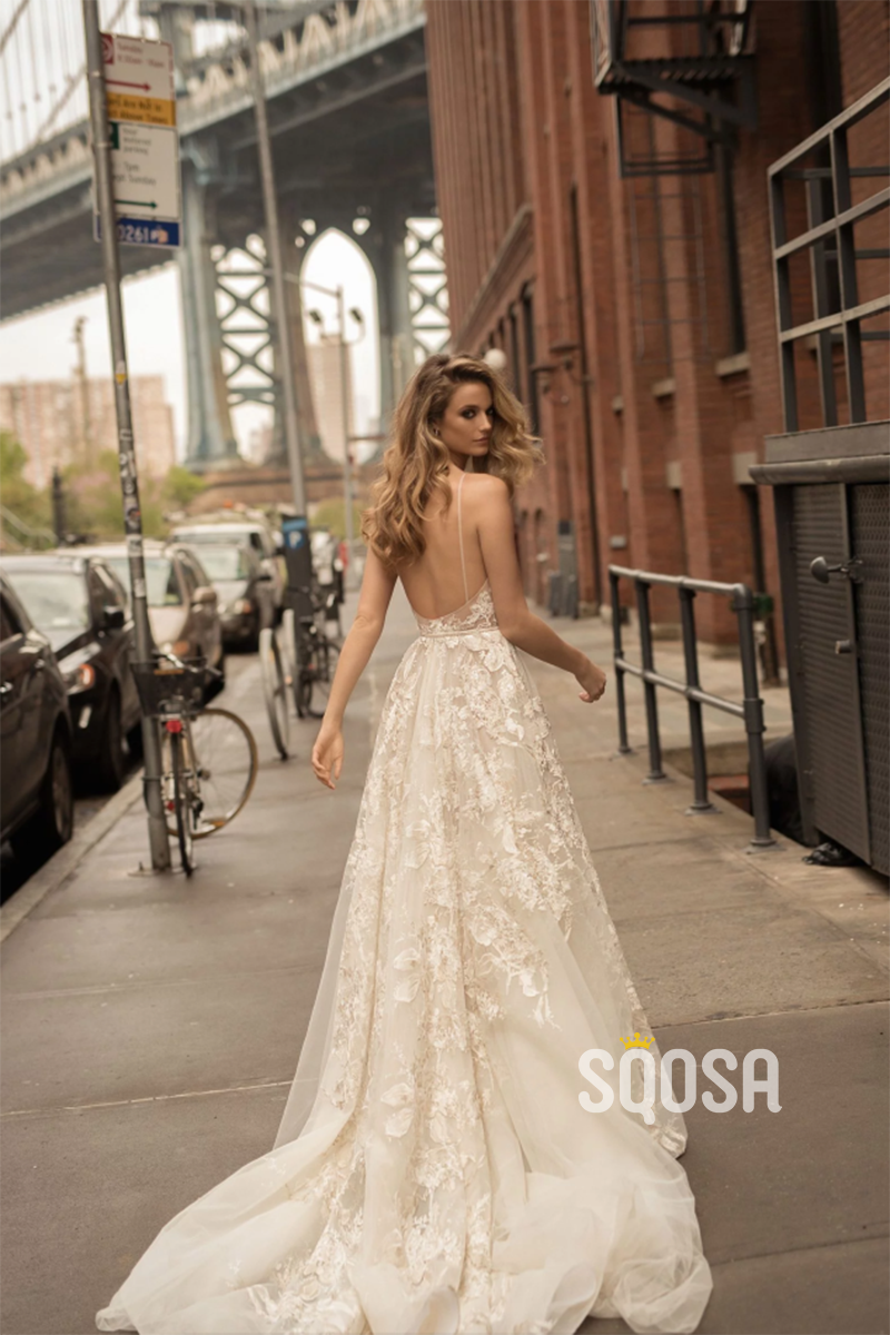 A Line Deeo V neck Lace Appliques Boho Wedding Dress QW2470