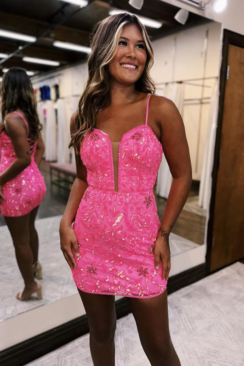 Sexy Deep V neck Sheath/Column Pink Short Homecoming Dress QH2533