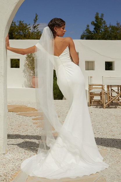 Unique Off Shoulder Satin Pleats Mermaid Wedding Dress QW2169