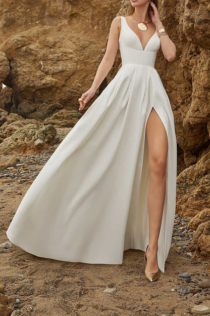 A Line  Sexy V Neck Simple Satin Wedding Dress with Slit QW2530