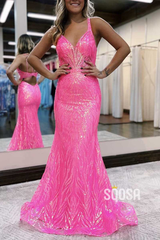 Sexy V-Neck Spaghetti Straps Sequined Appliques Trumpet Party Prom Evening Dress QP3457