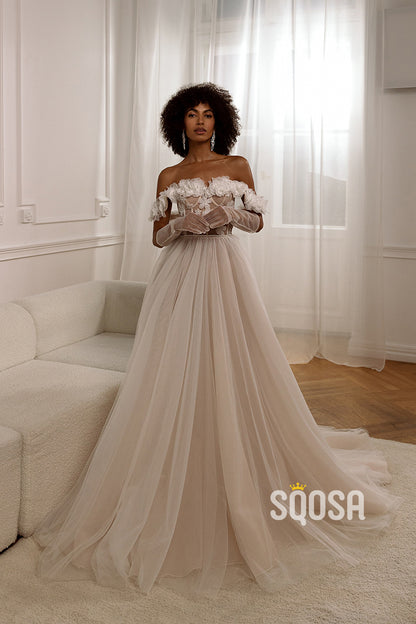 QW8013 - A-Line Off-Shoulder Sheer Floral Embossed Tulle Wedding Boho Dresses