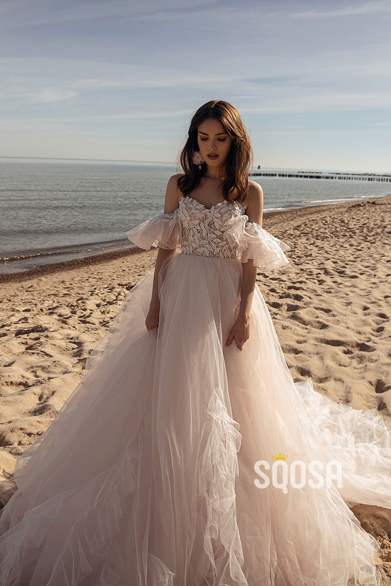 QW8024 - A-Line Off-Shoulder Applique Tulle Wedding Dresses Simple Bridal Gowns