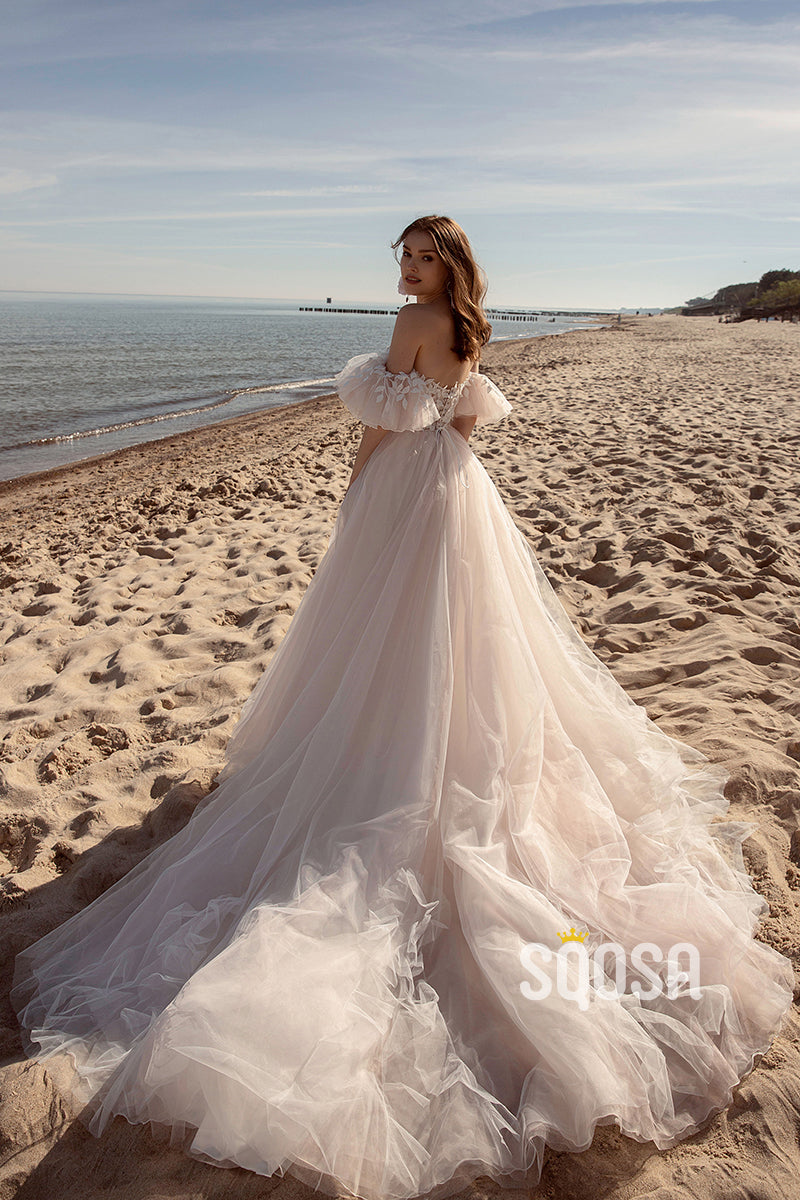 QW8024 - A-Line Off-Shoulder Applique Tulle Wedding Dresses Simple Bridal Gowns