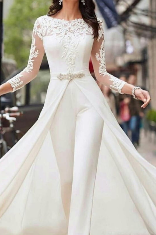 Hall Casual Wedding Dresses Jumpsuits Long Sleeves Illusion Neckline With Sashes / Ribbons Crystals 2023 Bridal Gowns QW2397