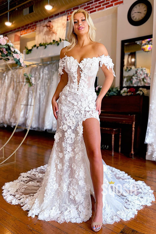 Illusion V-Neck 3D Lace Bohemian Wedding Dress with Slit QW2389