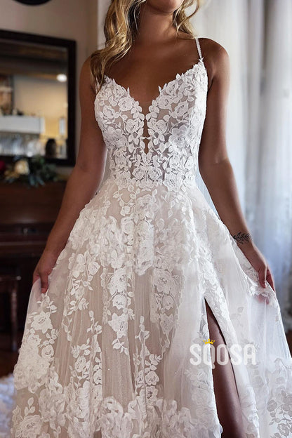 A Line V-neck Illusion Lace Wedding Dress with Slit Bridal Gown QW2386|SQOSA