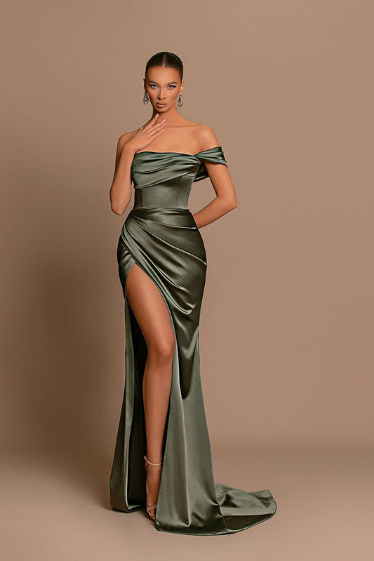 Unique Off the Shoulder Pleated Side Slit Long Formal Evening Gown QP1047