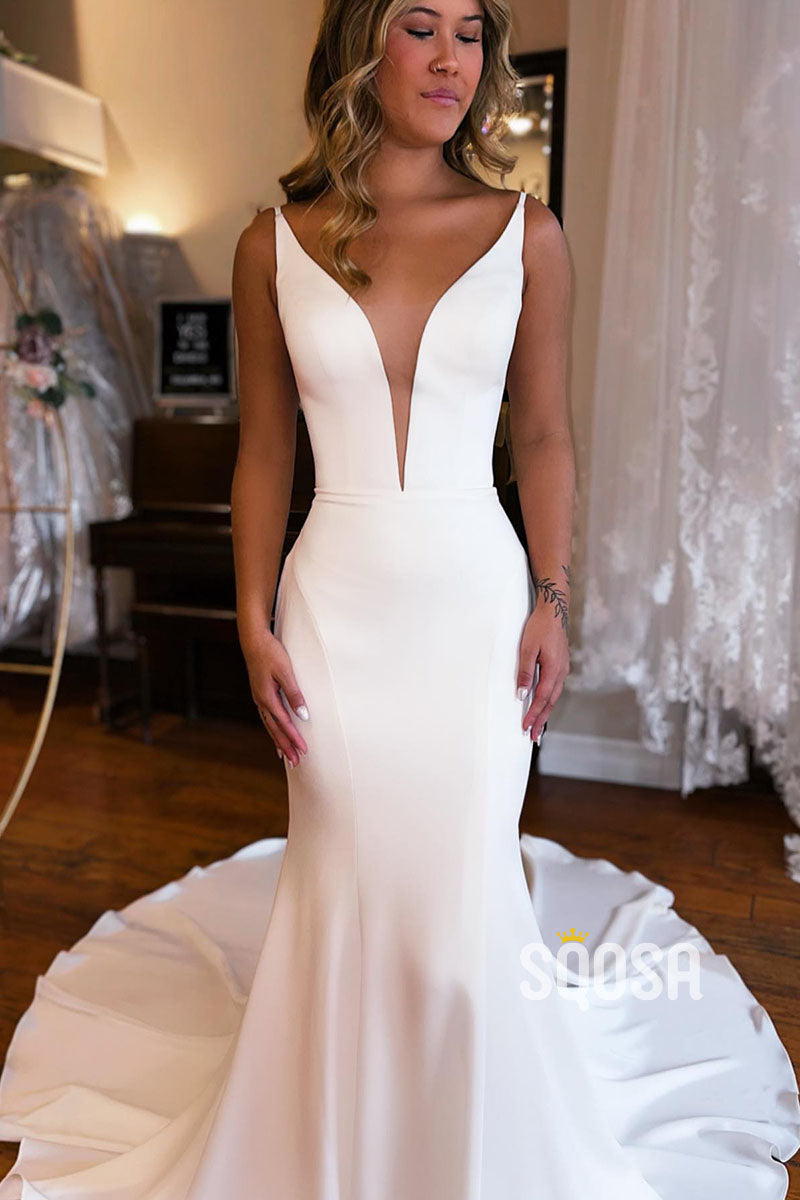 Plunging V-Neck Simple Rustic Wedding Dress QW2398|sqosa