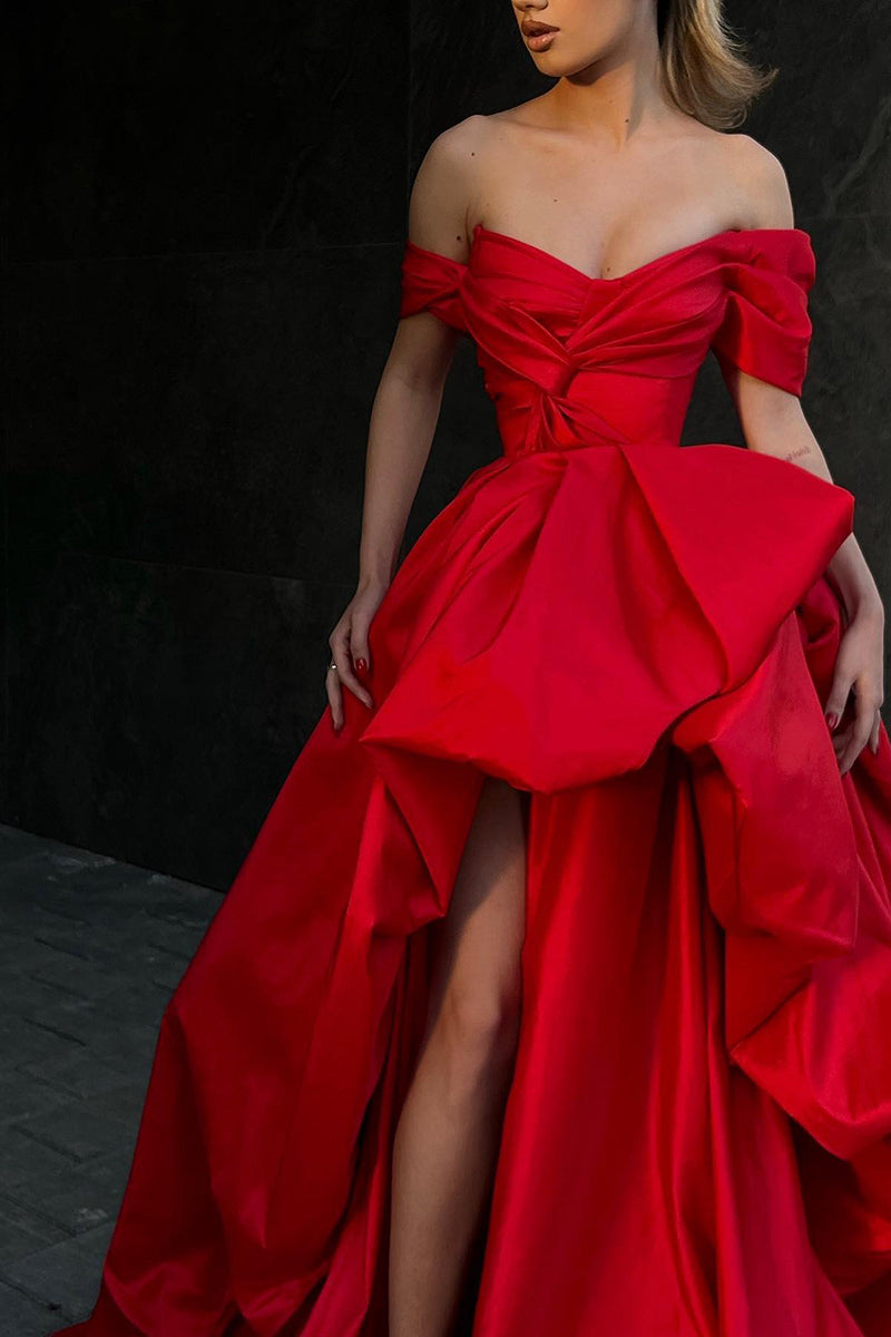 Ball Gown Off the Shoulder Short Sleeves Red Long Prom Formal Gowns QP1417