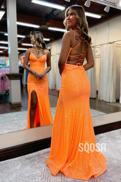 Spaghetti Straps V-Neck Sequins Sparkly Prom Dress QP3013