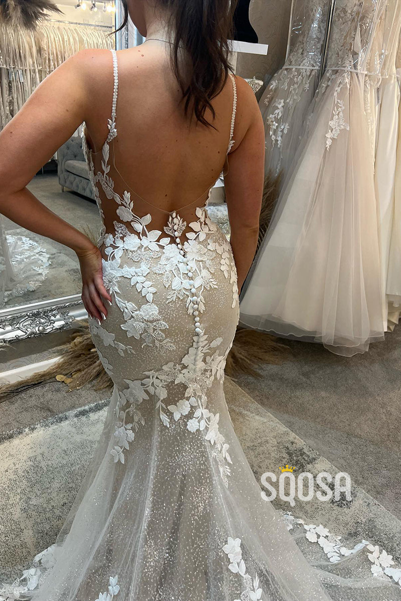 Spaghetti Straps Lace Appliques Mermaid Wedding Dress QW2237