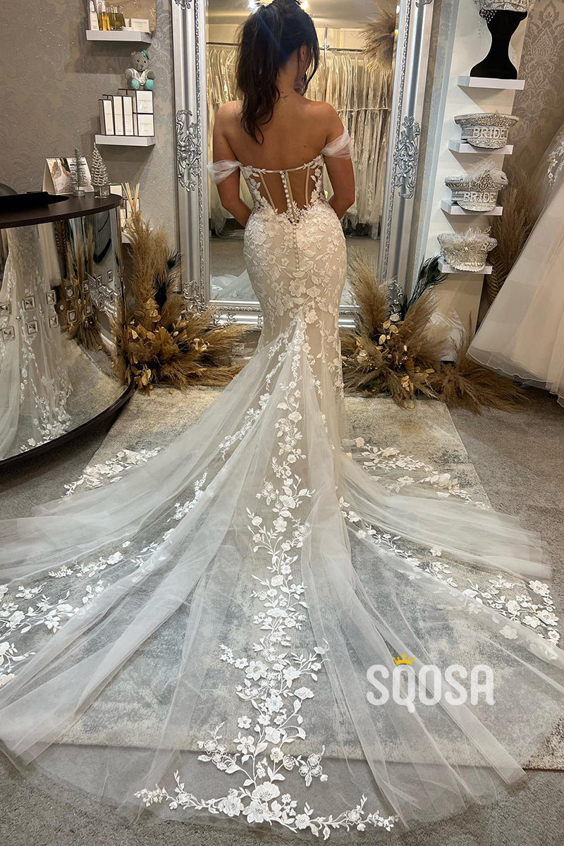 Chic Off The Shoulder Lace Appliques Mermaid Wedding Dress with Train QW2200