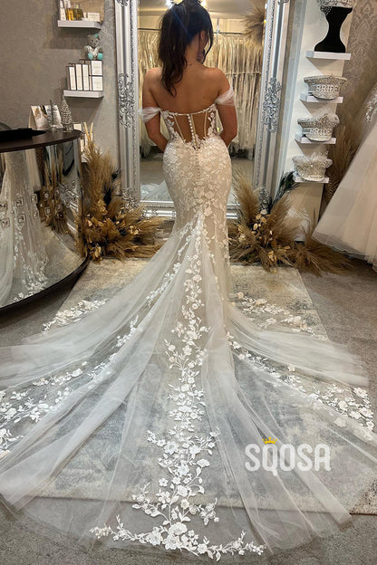 Chic Off The Shoulder Lace Appliques Mermaid Wedding Dress with Train QW2200