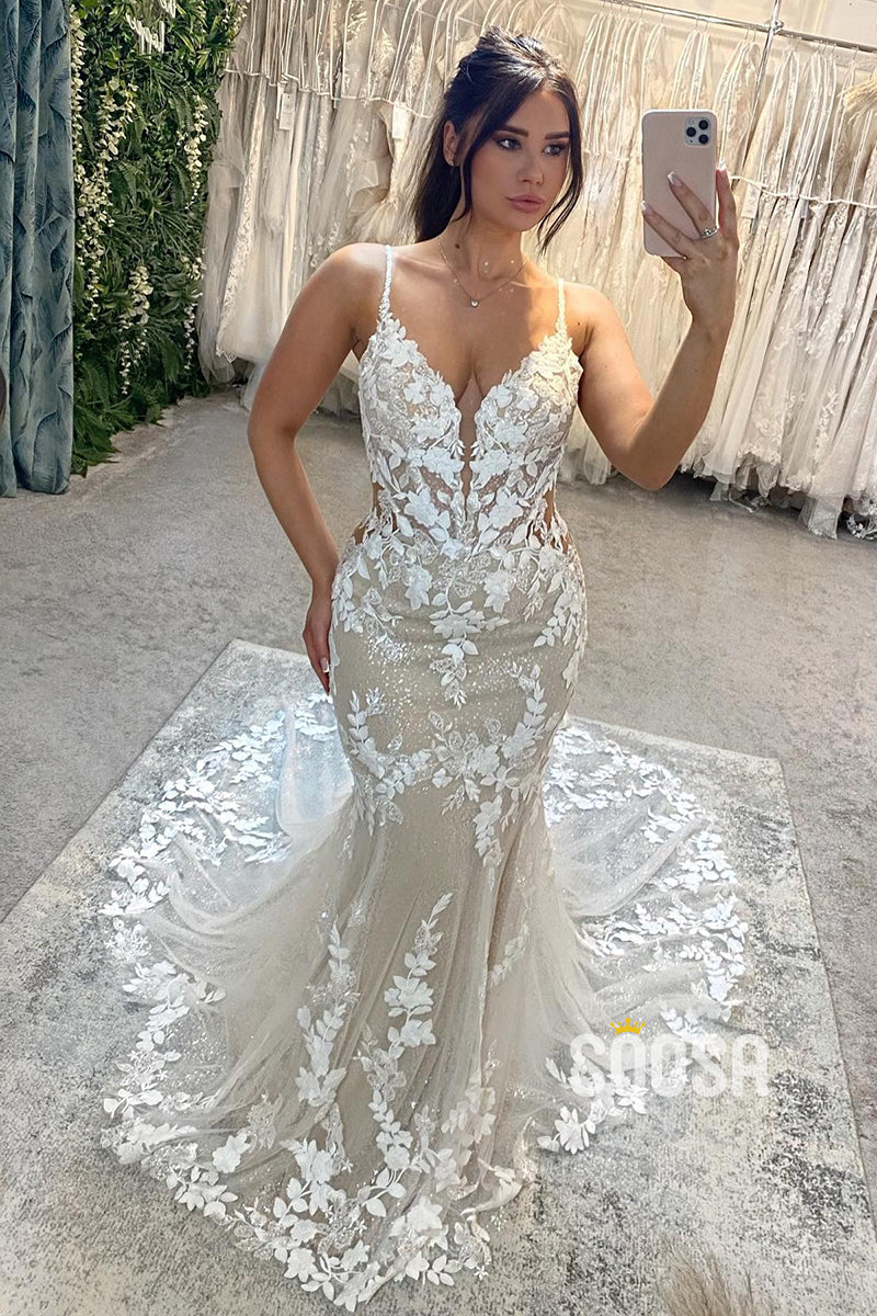 Spaghetti Straps Lace Appliques Mermaid Wedding Dress QW2237