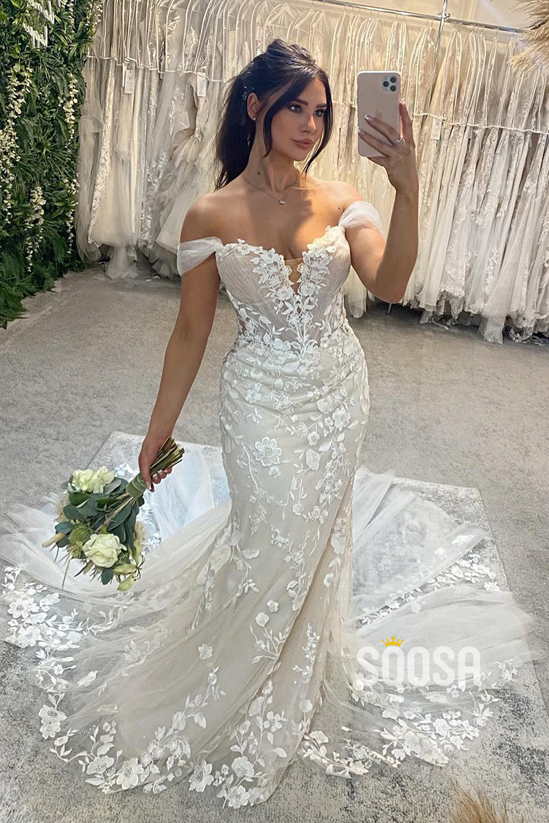 Chic Off The Shoulder Lace Appliques Mermaid Wedding Dress with Train QW2200