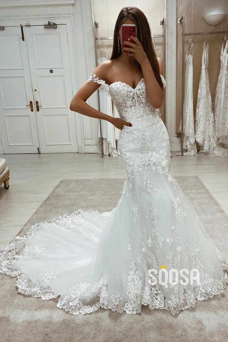 Off the Shoulder Mermaid Gown Allover Lace Wedding Dress QW2650|SQOSA