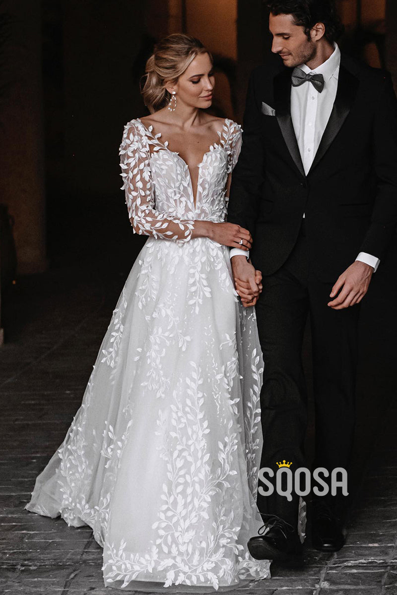 Attractive V-Neck Lace Appliques Long Sleeves Rustic Wedding Dress QW0821