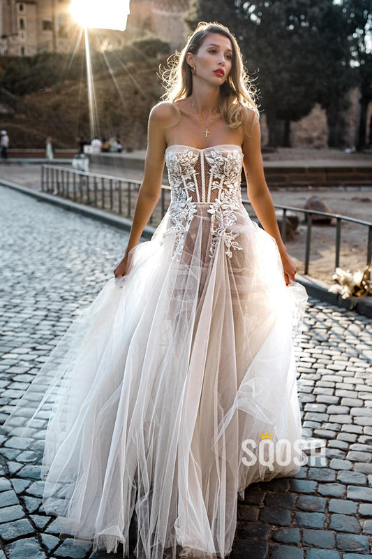 A-line Sweetheart Lace Appliques Bohemian Wedding Dress Bridal Gown QW0873