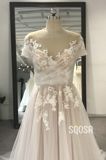 A-line Chic Illusion Neckline Appliques Country Wedding Dress with Sleeves QW2449|SQOSA