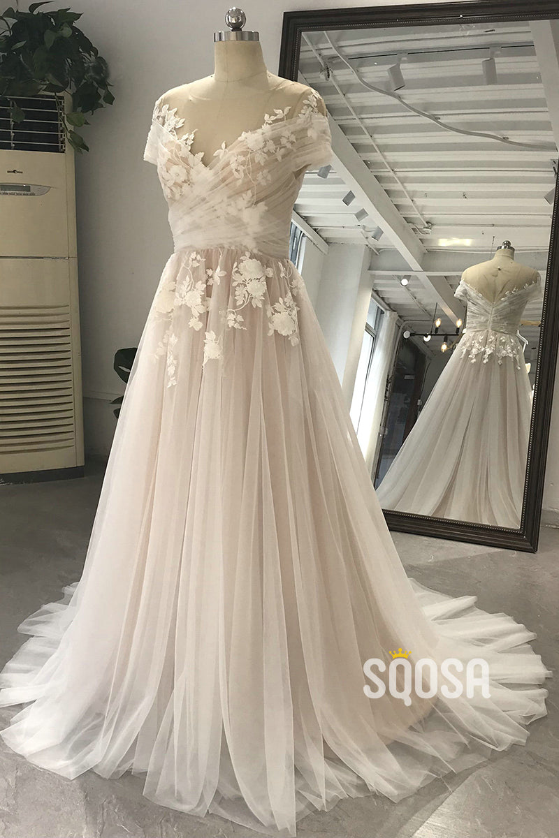 A-line Chic Illusion Neckline Appliques Country Wedding Dress with Sleeves QW2449|SQOSA