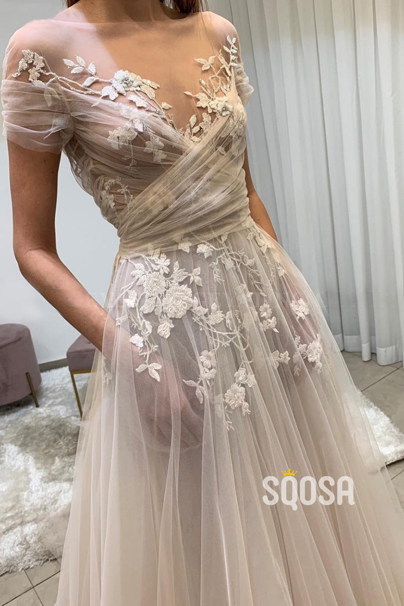 A-line Chic Illusion Neckline Appliques Country Wedding Dress with Sleeves QW2449|SQOSA