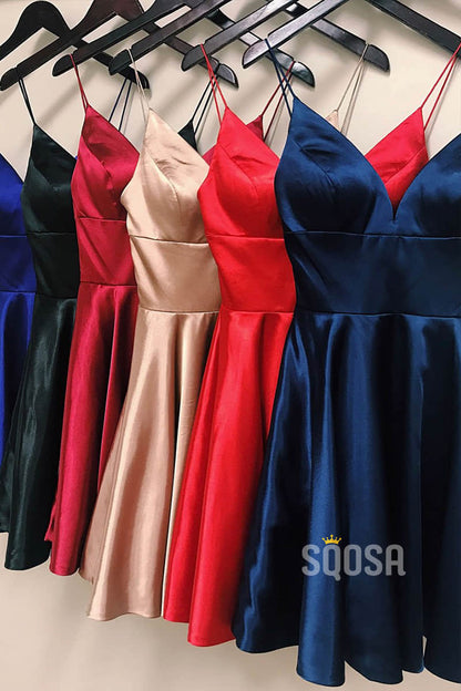 Deep V-Neck Satin Spaghetti Straps Simple Homecoming Dress QH0842