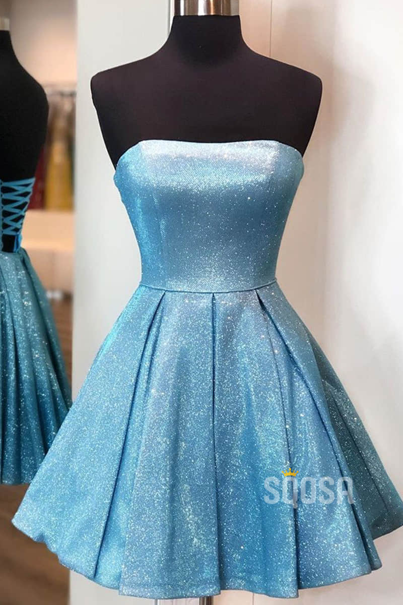 Strapless Blue A-Line Sparkle Homecoming Dress Short Prom Dress QH0846|SQOSA