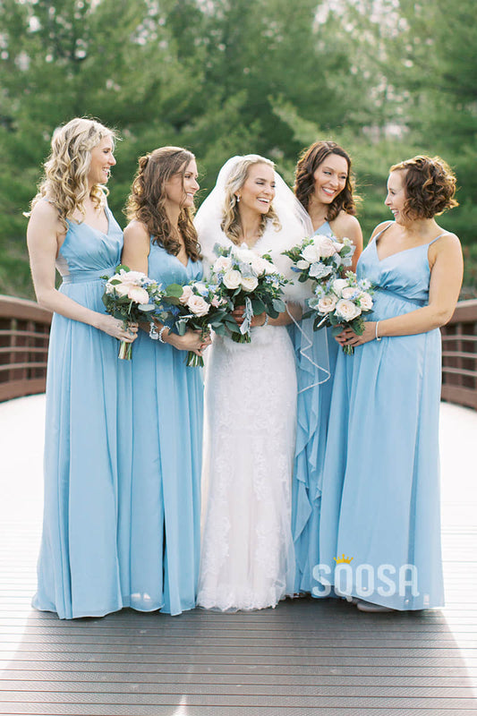 A-Line Sky Blue Chiffon Pleat Spaghetti Straps Cheap Long Bridesmaid Dress QB0820|SQOSA