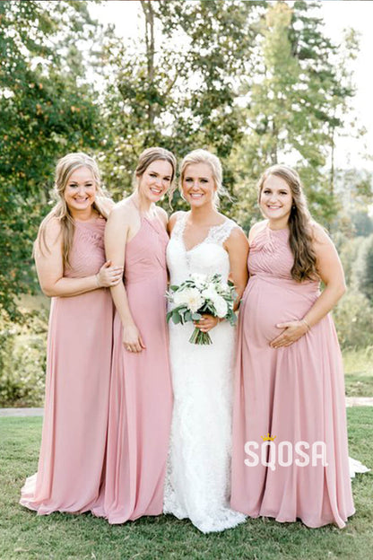 A-Line Pink Chiffon Pleat Long Bridesmaid Dress QB0830|SQOSA