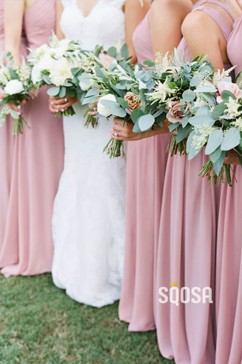 A-Line Pink Chiffon Pleat Long Bridesmaid Dress QB0830|SQOSA