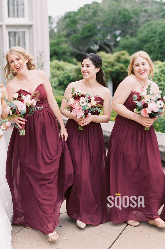 A-line Sweetheart Burgundy Chiffon Long Bridesmaid Dress Floor Length QB2092|SQOSA