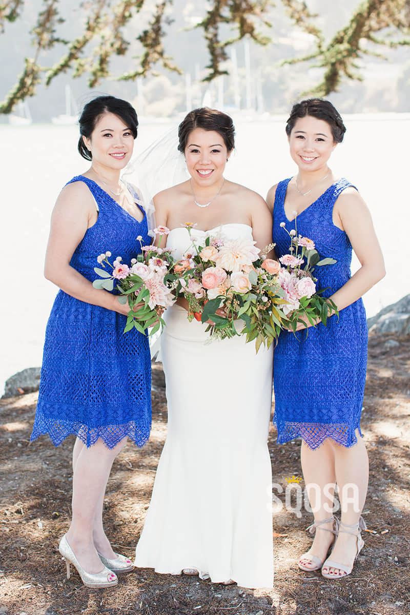 A-line Double Straps Royal Blue Lace Short Bridesmaid Dress QB2095|SQOSA