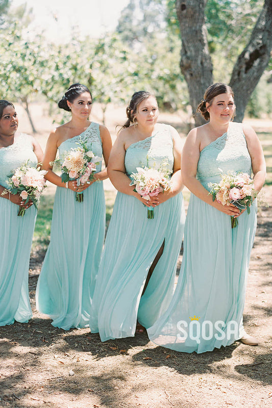 A-line One Shoulder Mint Green Long Bridesmaid Dress with Slit QB2096|SQOSA