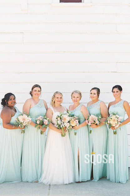 A-line One Shoulder Mint Green Long Bridesmaid Dress with Slit QB2096|SQOSA