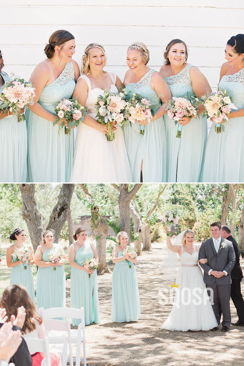 A-line One Shoulder Mint Green Long Bridesmaid Dress with Slit QB2096|SQOSA