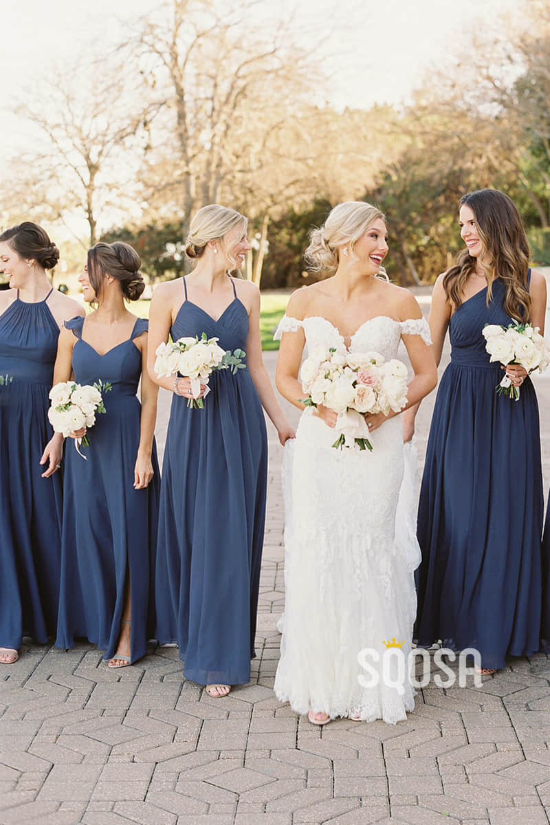 A-line Navy Blue Chiffon Pleats Long Bridesmaid Dress Floor Length QB2080|SQOSA