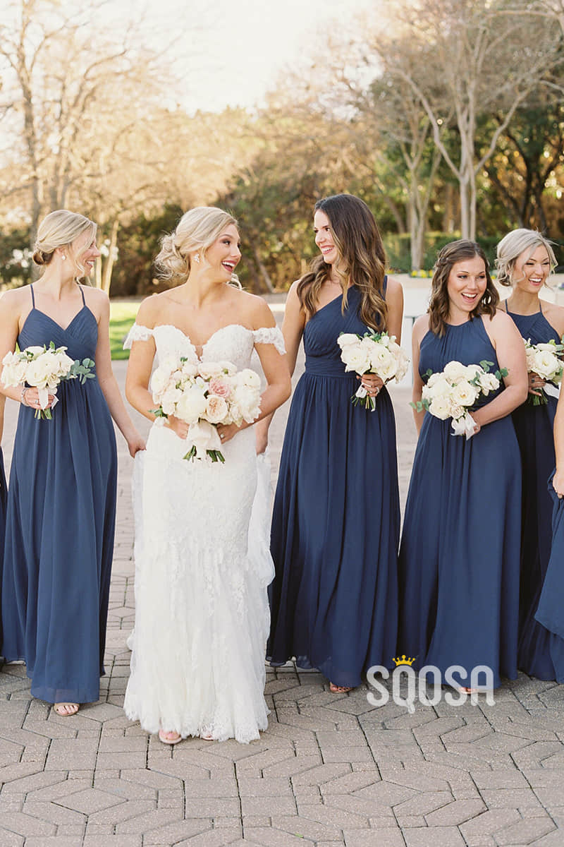 A-line Navy Blue Chiffon Pleats Long Bridesmaid Dress Floor Length QB2080|SQOSA