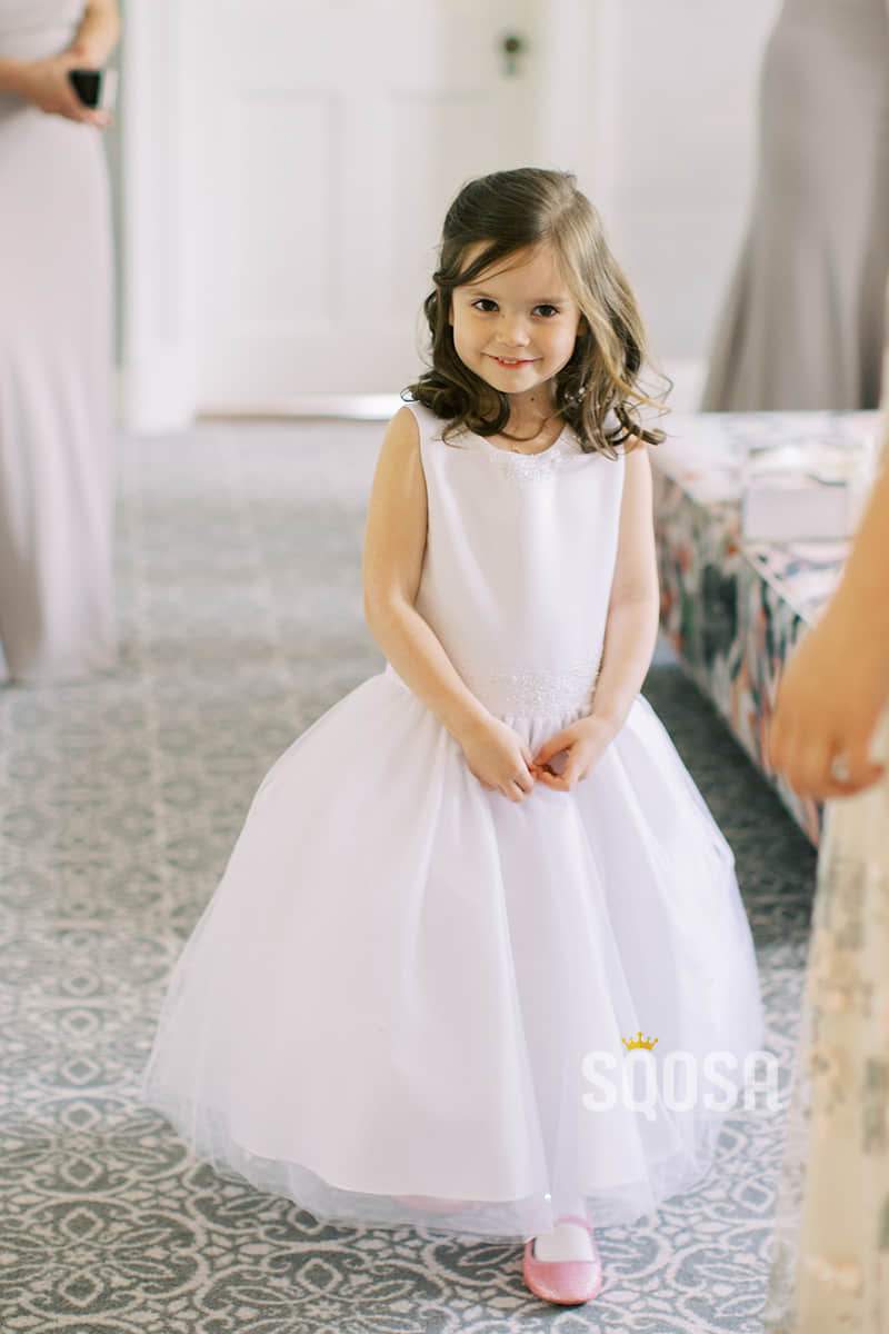 Round Neckline White Tulle A-Line Simple Flower Girl Dress QF0818|SQOSA