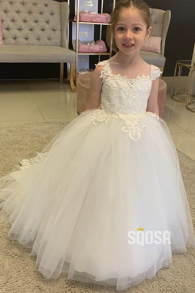 Sweet Tulle Appliques Ball Gown Cute Flower Girl Dress Bow Back QF0822