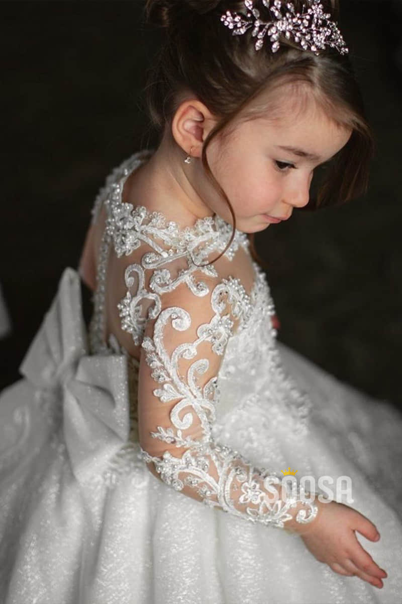 Jewle Neckline Illusion Long Sleeves Appliques with Beadings Ball Gown Flower Girl Dress QF0827