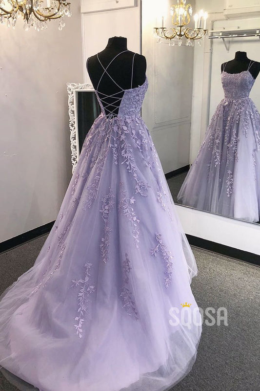 A-line Scoop Tulle Appliques Long Prom Dress QP2553