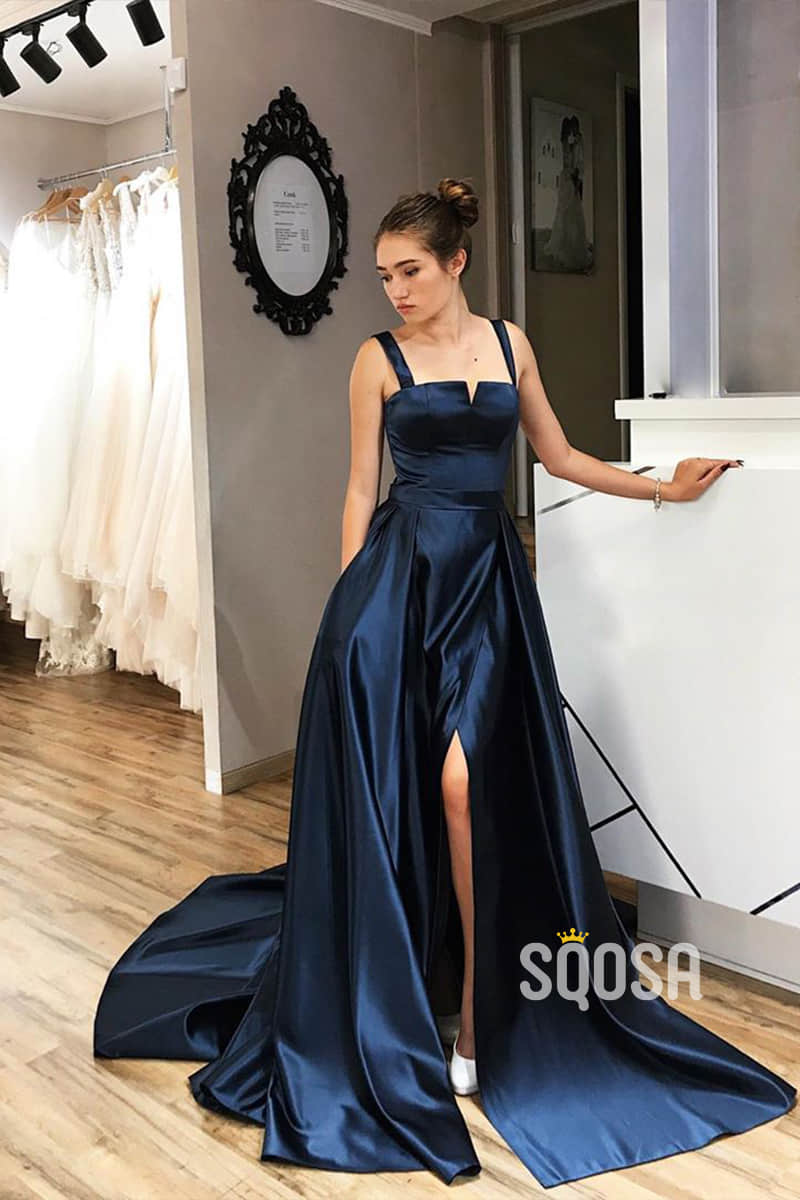 A-Line Double Straps Split Long Prom Dress with Pockets QP1073|SQOSA