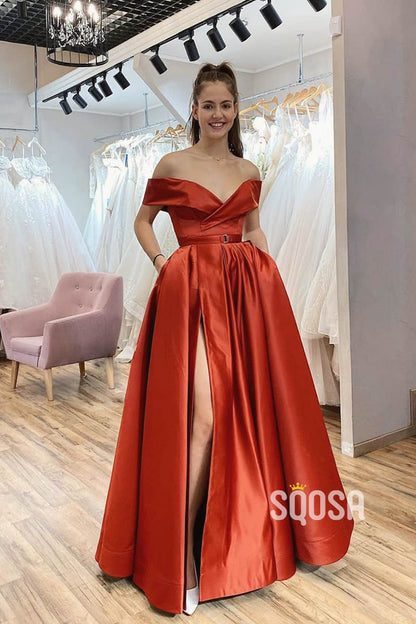 Off-the-Shoulder A-Line Satin Spalit Long Prom Dress with Pockets QP1087|SQOSA