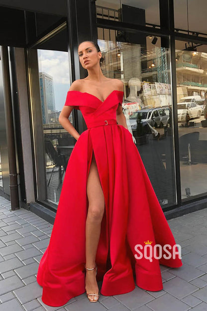 Off-the-Shoulder A-Line Satin Spalit Long Prom Dress with Pockets QP1087|SQOSA