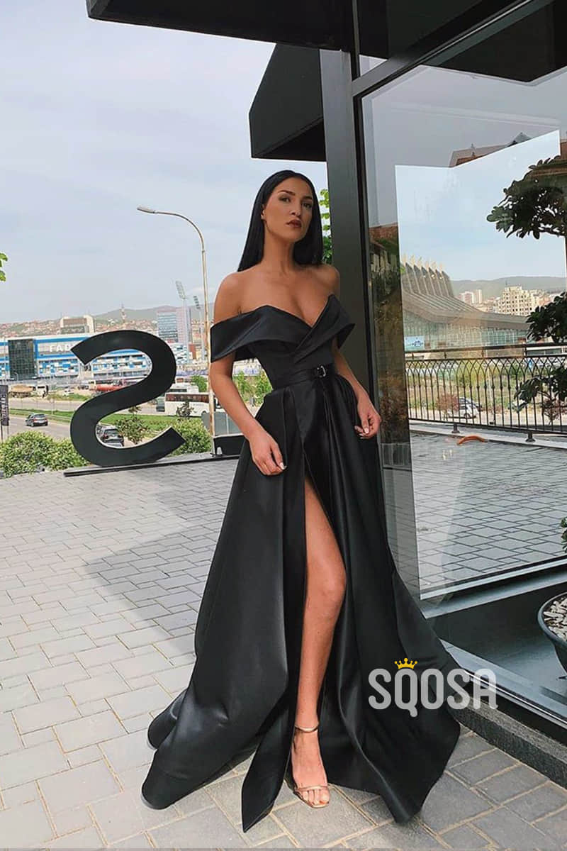 Off-the-Shoulder A-Line Satin Spalit Long Prom Dress with Pockets QP1087|SQOSA