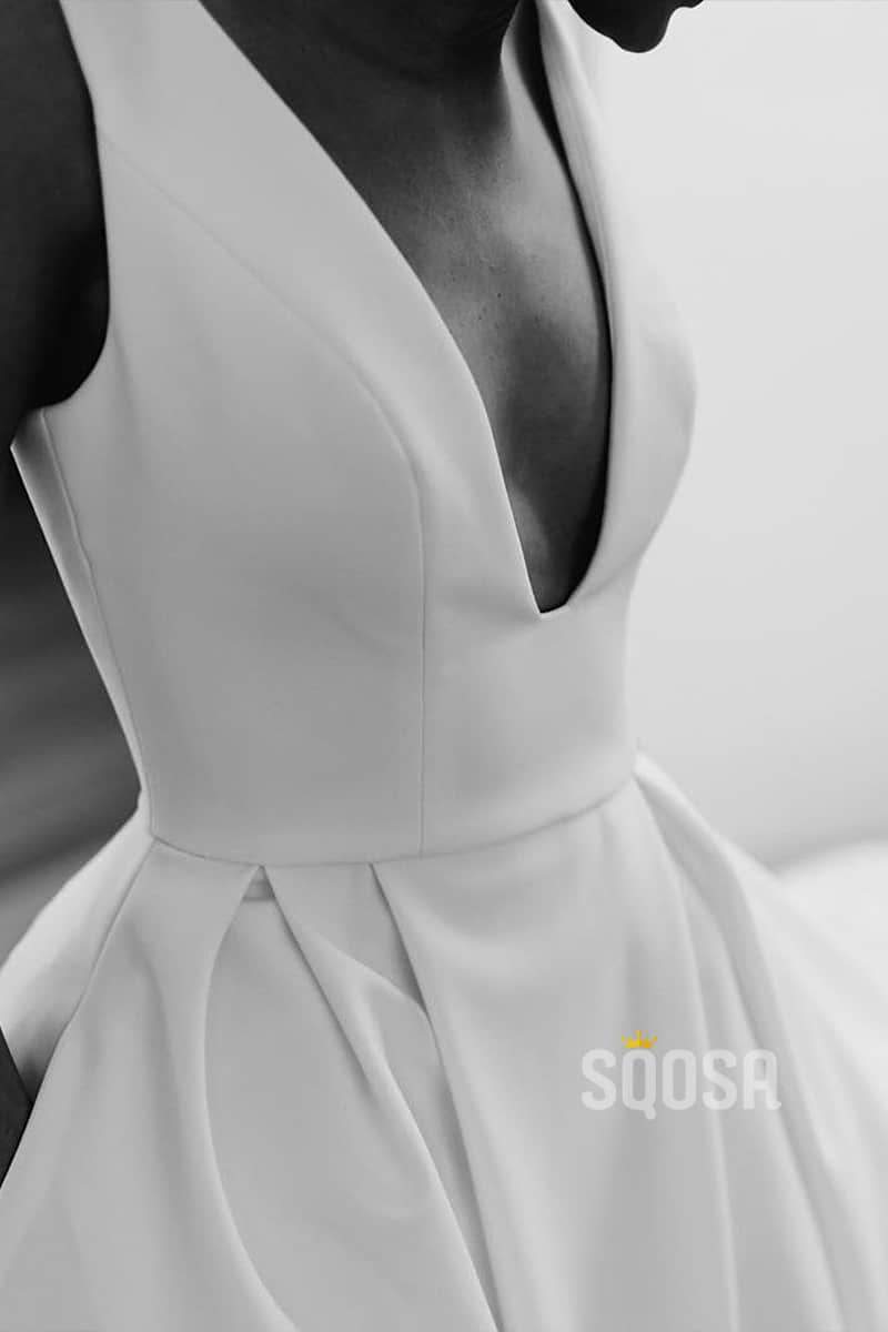 Stunning v-neck White Satin Simple Wedding Dress Bridal Gowns QW0827|SQOSA