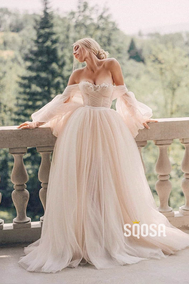 Unique Bat Sleeves Off-the-Shoulder Modest Tulle Rustic Wedding Dress QW0865|SQOSA